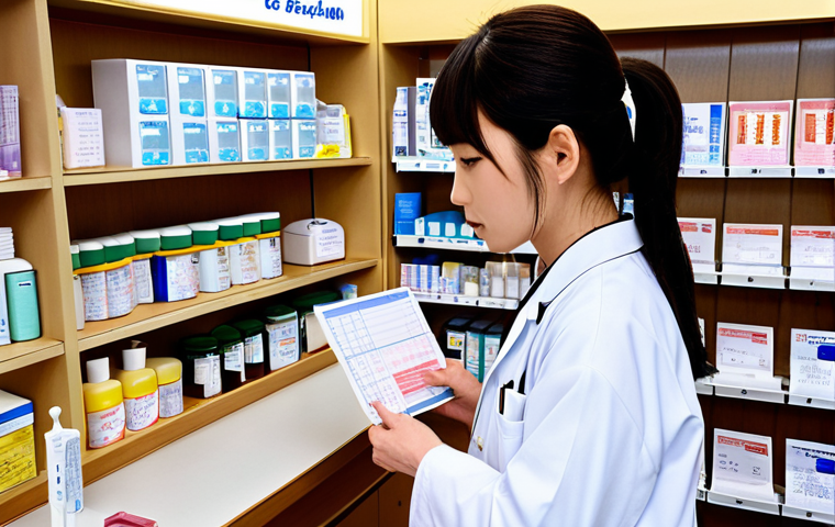 **

Prompt:  A Japanese pharmacy interior. Focus on the organized prescription counter, with a pharmacist checking a *shohosen* (prescription).  Show the *chouzairoku* (compounding record) and emphasize accuracy and patient safety.  Consider electronic *shohosen* (e-prescription) integration.

**