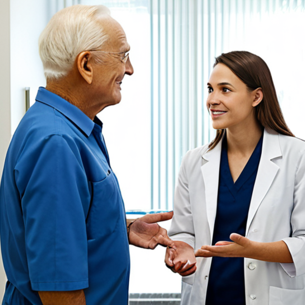 A professional female pharmacist in a modest, clean white lab coat over business casual attire, gently conversing with an elderly male patient in a bright, modern pharmacy consultation room. The pharmacist is fully clothed, with appropriate attire and professional dress, demonstrating empathetic listening and providing personalized advice. The setting is a clean, well-lit medical environment with soft, natural lighting, emphasizing a compassionate human touch. Safe for work, appropriate content, professional photography, high quality, perfect anatomy, correct proportions, natural pose, well-formed hands, proper finger count, natural body proportions.