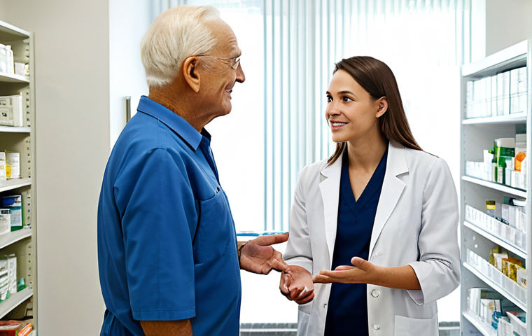 A professional female pharmacist in a modest, clean white lab coat over business casual attire, gently conversing with an elderly male patient in a bright, modern pharmacy consultation room. The pharmacist is fully clothed, with appropriate attire and professional dress, demonstrating empathetic listening and providing personalized advice. The setting is a clean, well-lit medical environment with soft, natural lighting, emphasizing a compassionate human touch. Safe for work, appropriate content, professional photography, high quality, perfect anatomy, correct proportions, natural pose, well-formed hands, proper finger count, natural body proportions.