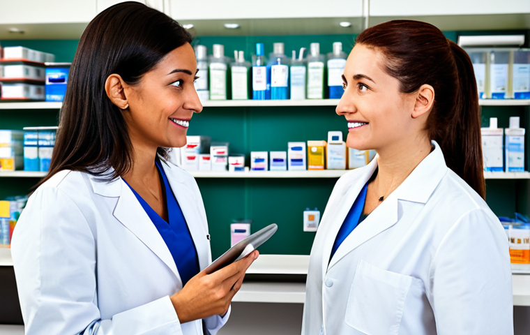 **

A bright and modern pharmacy setting. A friendly female pharmacist in a lab coat is consulting with a doctor (male, professional attire) via a tablet displaying a patient's electronic health record. Focus on their collaborative interaction. Background includes shelves of medications and a welcoming waiting area. Keywords: "pharmacy," "doctor," "collaboration," "electronic health record," "patient care," "professional," "modern," "safe for work," "appropriate content," "fully clothed," "family-friendly," "perfect anatomy," "natural proportions," "well-formed hands," "proper finger count."

**