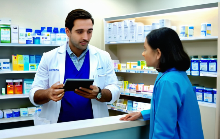 약사 자격증 취득 후 경력 쌓는 법 - **Prompt:** A young, enthusiastic male pharmacist in a crisp white lab coat over a neat blue button-...