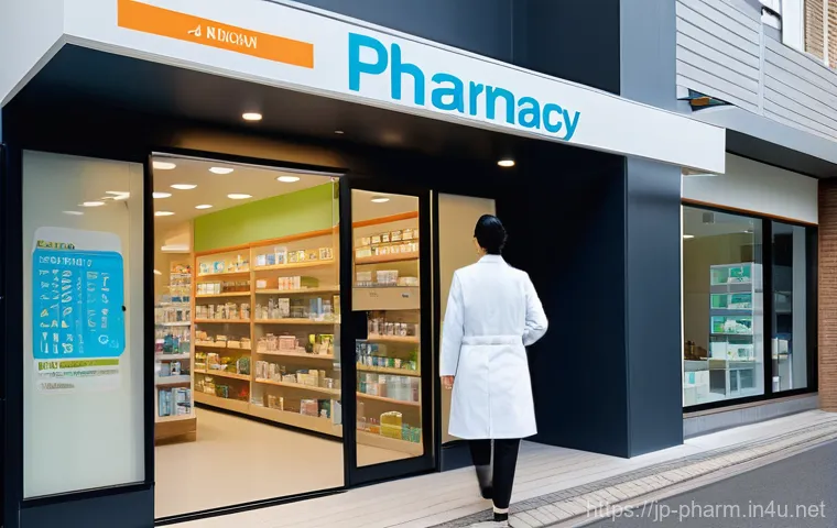 약사 약국 개업 비용 산출 방법 - **A Welcoming Neighborhood Pharmacy Entrance**
    A bright, inviting, and newly opened modern Japan...