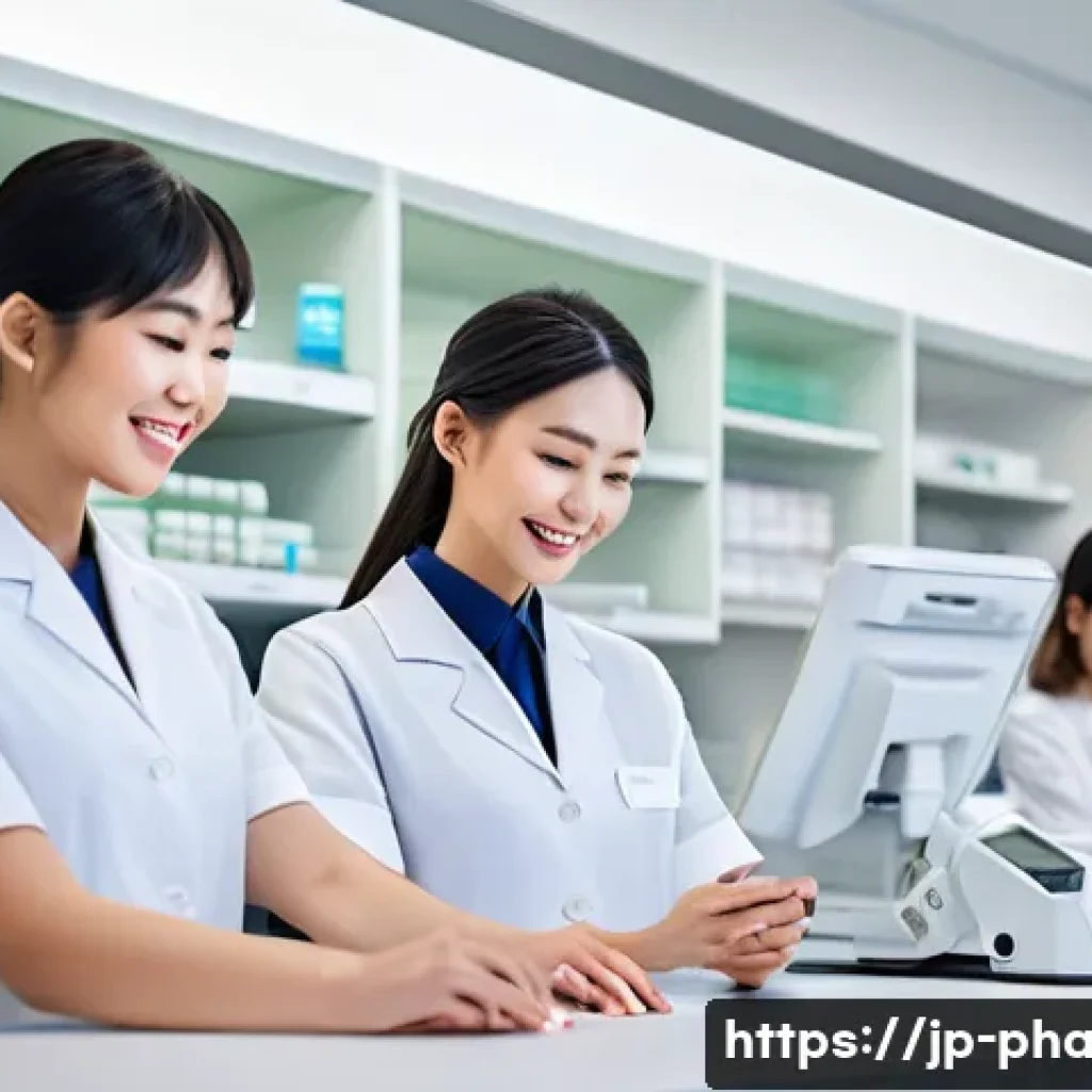 약사 이직 시 추천 기업 리스트 - A modern Japanese pharmacy workplace scene showing a diverse team of pharmacists and staff collabora...