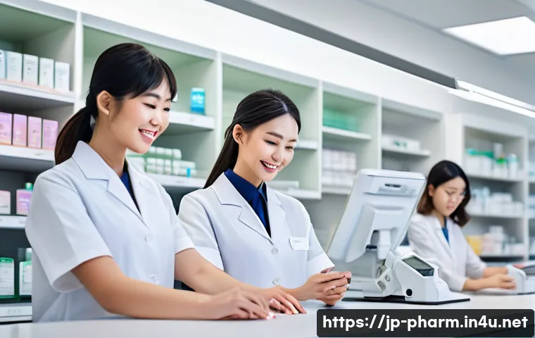약사 이직 시 추천 기업 리스트 - A modern Japanese pharmacy workplace scene showing a diverse team of pharmacists and staff collabora...