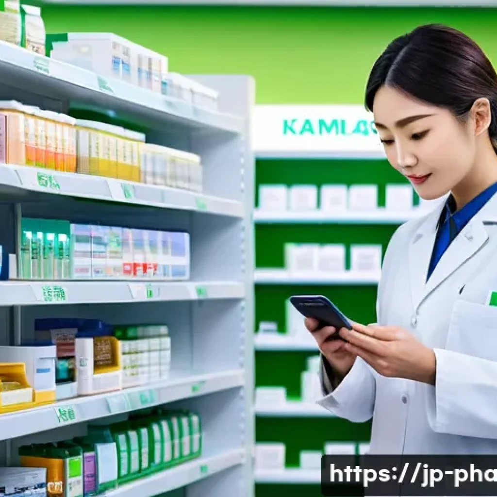 약사 약국 관리 앱 활용법 - A modern Japanese pharmacy interior featuring a friendly pharmacist using a smartphone app to scan m...