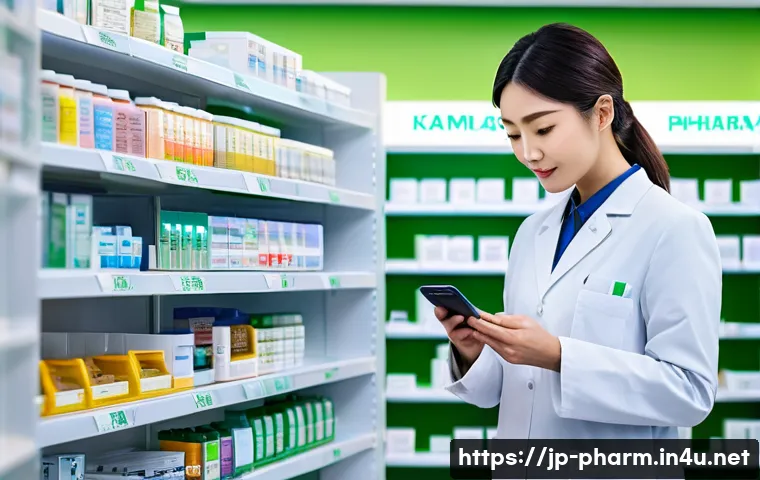 약사 약국 관리 앱 활용법 - A modern Japanese pharmacy interior featuring a friendly pharmacist using a smartphone app to scan m...