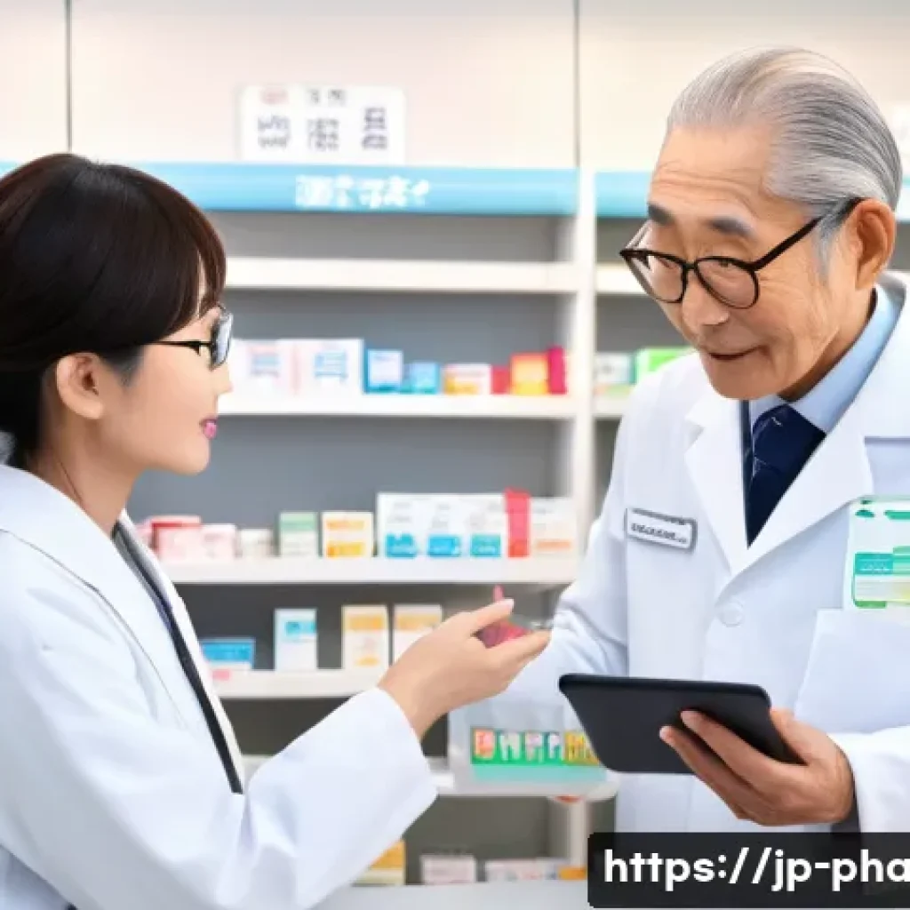 약사 근무 중 발생 가능한 문제 해결 사례 - A modern Japanese pharmacy scene showing a friendly pharmacist wearing a white coat and glasses, exp...