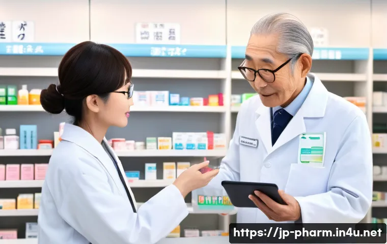 약사 근무 중 발생 가능한 문제 해결 사례 - A modern Japanese pharmacy scene showing a friendly pharmacist wearing a white coat and glasses, exp...