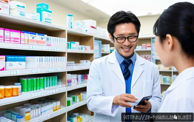 약사 실무 필수 기술 - A modern Japanese pharmacy interior with a pharmacist scanning medicine barcodes using a handheld sc...