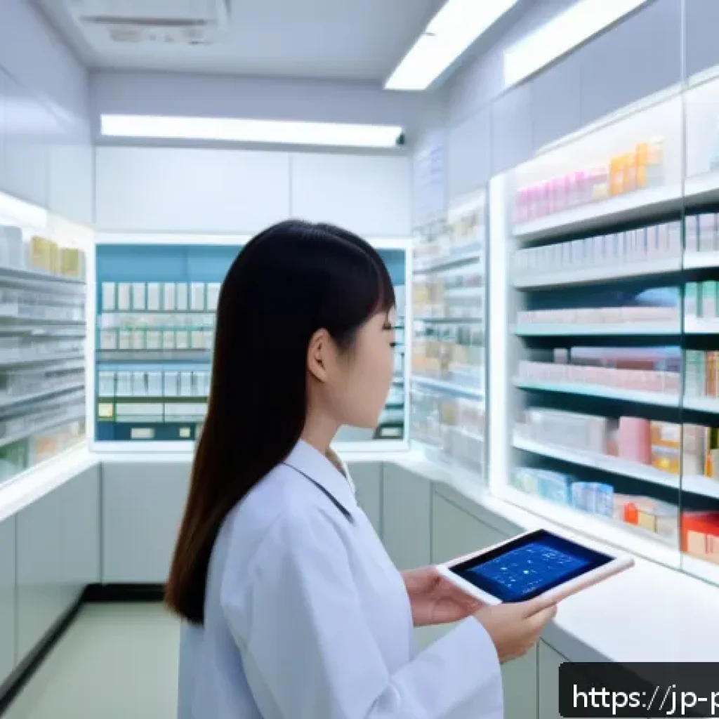 약사 약물 정보 데이터베이스 구축법 - A modern Japanese pharmacy workspace featuring a focused female pharmacist in her 30s using a sleek ...