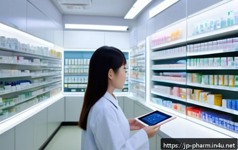 약사 약물 정보 데이터베이스 구축법 - A modern Japanese pharmacy workspace featuring a focused female pharmacist in her 30s using a sleek ...