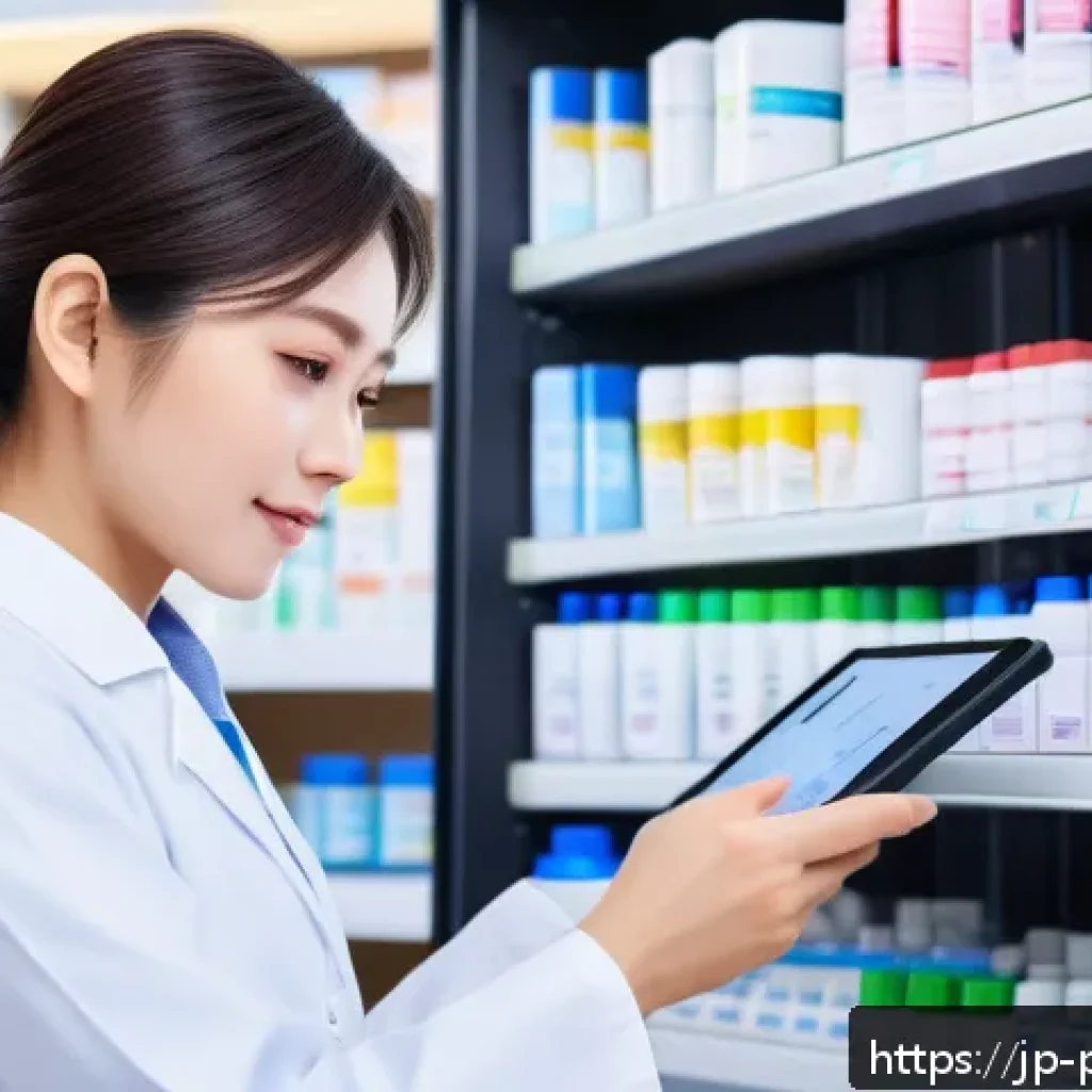 약사 약국 자금 흐름 분석 - A modern Japanese pharmacy interior scene showing a pharmacist carefully managing inventory using a ...