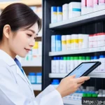약사 약국 자금 흐름 분석 - A modern Japanese pharmacy interior scene showing a pharmacist carefully managing inventory using a ...