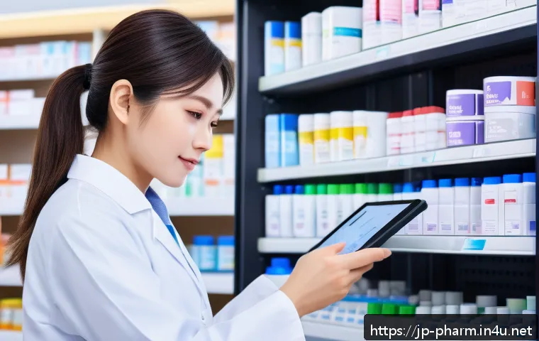 약사 약국 자금 흐름 분석 - A modern Japanese pharmacy interior scene showing a pharmacist carefully managing inventory using a ...