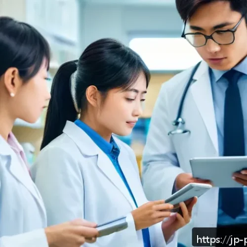 약사 실습생들과의 소통 방법 - A diverse group of Japanese pharmacy interns in a modern clinical pharmacy setting, including studen...