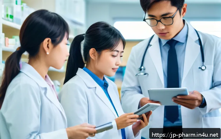 약사 실습생들과의 소통 방법 - A diverse group of Japanese pharmacy interns in a modern clinical pharmacy setting, including studen...