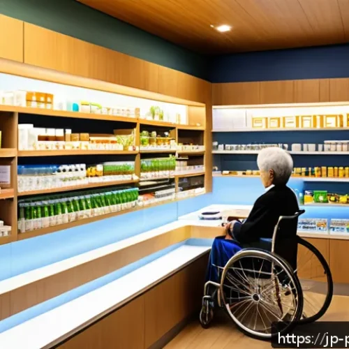 약사 약국 창업 성공 스토리 - A modern community pharmacy interior in Japan, featuring warm wooden accents and soft lighting creat...