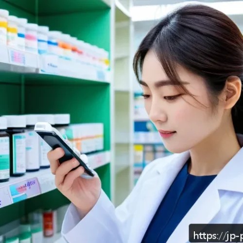 약사 약물 정보 제공 플랫폼 - A modern Japanese pharmacist in a bright, clean pharmacy setting, using a smartphone app to check th...