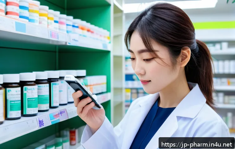 약사 약물 정보 제공 플랫폼 - A modern Japanese pharmacist in a bright, clean pharmacy setting, using a smartphone app to check th...