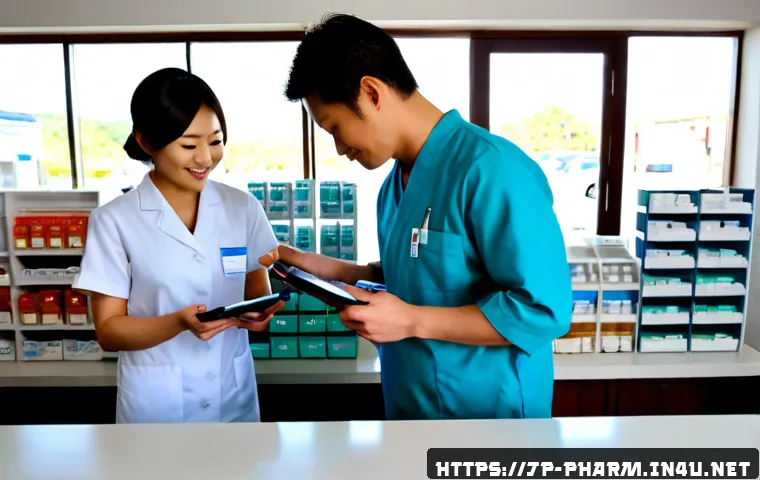 약사 약국 내 팀워크 개선 사례 - Photorealistic Japanese community pharmacy interior, two pharmacists and one pharmacy technician in ...