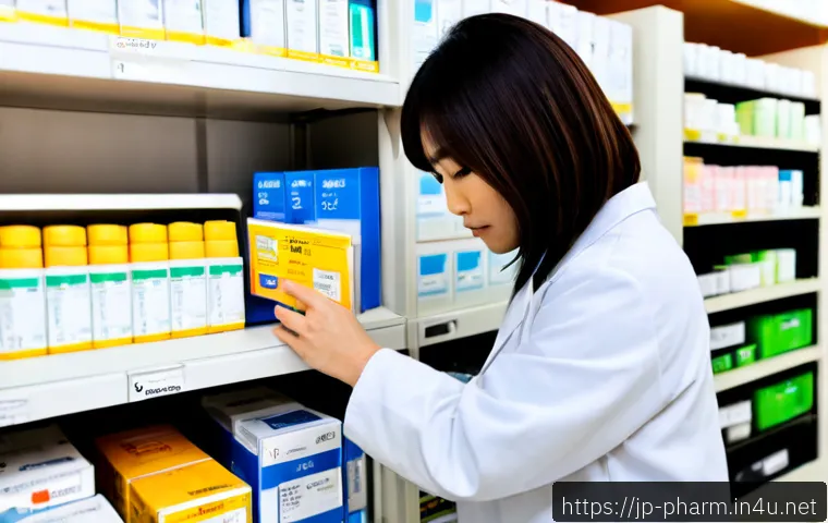 약사 약국 내 재고 관리 팁 - Photorealistic Japanese pharmacy interior, licensed pharmacist in a clean white coat carefully scann...